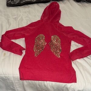 Victoria's Secret Red Zippered Hoodie With Gold Sequin Wings on the back Size S